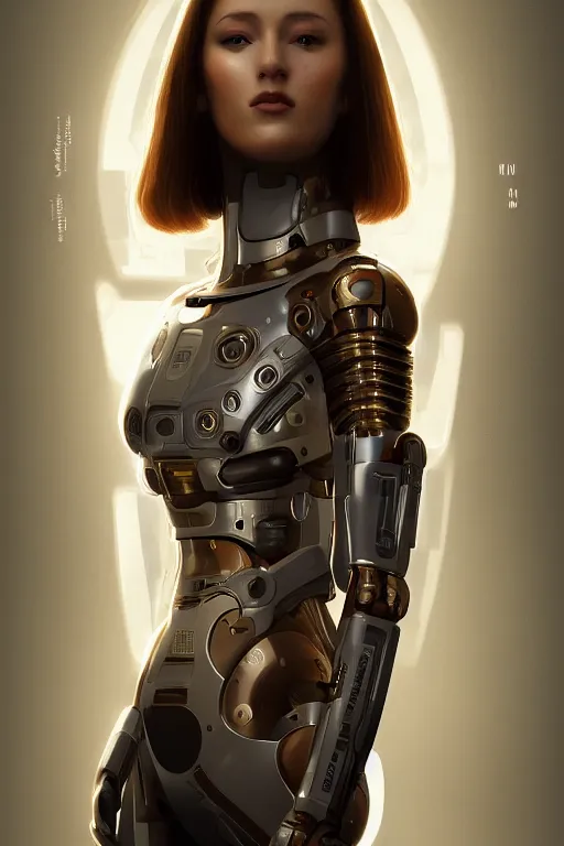 Prompt: full figure portrait of a female android made of chrome and woodgrain, lean sleek styling, feminine curves, reflective, inscribed etched with gnostic runes, by jessica rossier