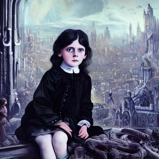 Image similar to a color photo of young sad victorian gothic child with big eyes and wide grin sitting on a sofa of bones surrounded by a cyber futuristic cityscape made of human body parts, ultra detailed, 8 k resolution, beautiful lighting, expansive detailed layered city, landscape, sigma 8 5 mm, award winning photography, perfect faces