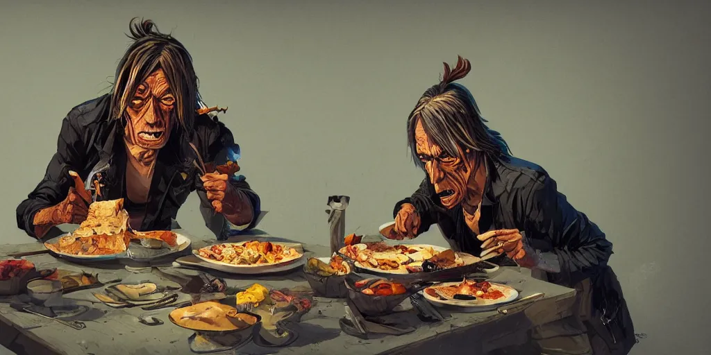 Image similar to cartoonish iggy pop eating dinner, vivid colors, character sheet, fine details, concept design, contrast, kim jung gi, greg rutkowski, trending on artstation, 8 k, full body, turnaround, front view, back view, ultra wide angle