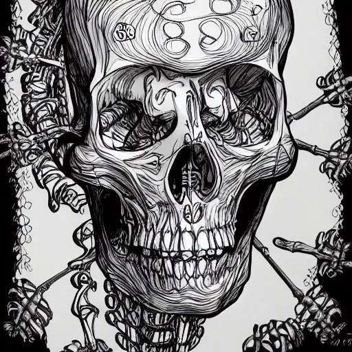 Prompt: a detailed caricature of a skeleton in the style of Artgerm, realistic simulation, encodings, black light, blurry, symmetrical, bokeh, protozoa, silver detailed