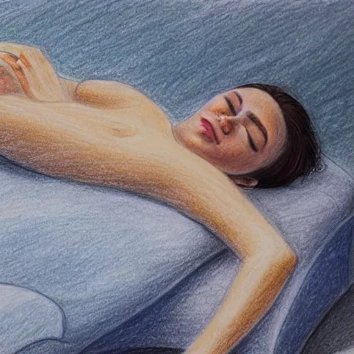 Image similar to This drawing is a beautiful example of use of color and light. The drawing depicts a woman reclining on a couch, with her head turned to the side and her eyes closed. The woman's body is bathed in a light, and her skin appears to glow. The artist has used a soft, delicate palette to create a sense of tranquility and serenity. The drawing is elegant and graceful, and the woman's face is incredibly expressive. It is a truly beautiful drawing. avant-garde, Korean folk art by Anne-Louis Girodet, by Joan Miro peaceful