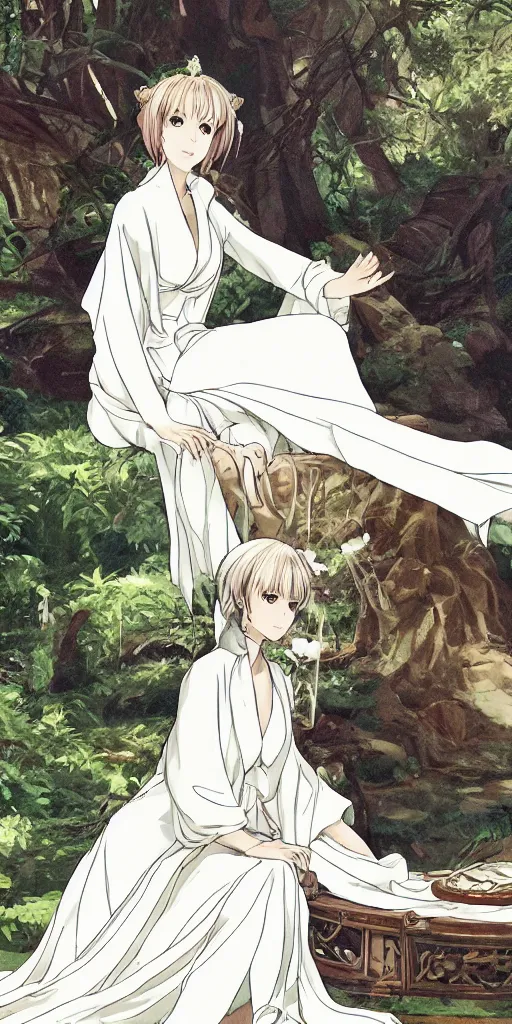Image similar to an empress sitting by herself on a sofa in a forest wearing a white robe drawn by cloverworks studio, elegant, beauty, tarot card