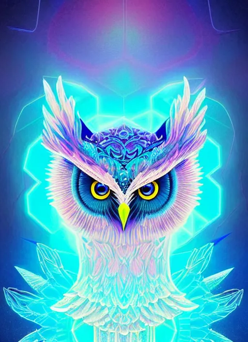 Image similar to symmetry!! product render poster vivid colors divine proportion owl, ice and snow, glowing fog intricate, elegant, highly detailed, digital painting, artstation, concept art, smooth, sharp focus, illustration,