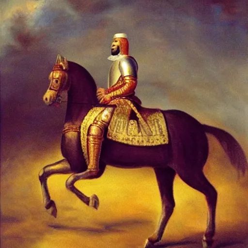 Image similar to a beautiful oil painting of a middle eastern knight in shining armor riding a horse