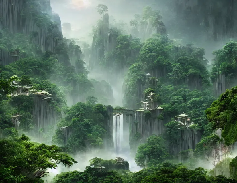 Image similar to a cinematic widescreen photo of cyberpunk japanese cloud temples on a terraced mountain in a misty bamboo cloud forest with colossal waterfalls at dawn by studio ghibli and roger dean, terraced, mystical, gardens by the bay