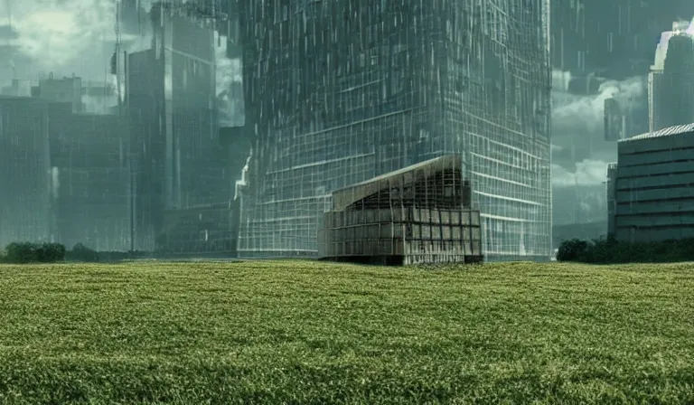 Image similar to A serene landscape with a singular building in the style of the Matrix movie still frame