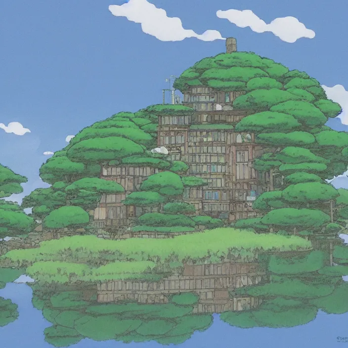 Image similar to a building in a serene landscape, by studio ghibli