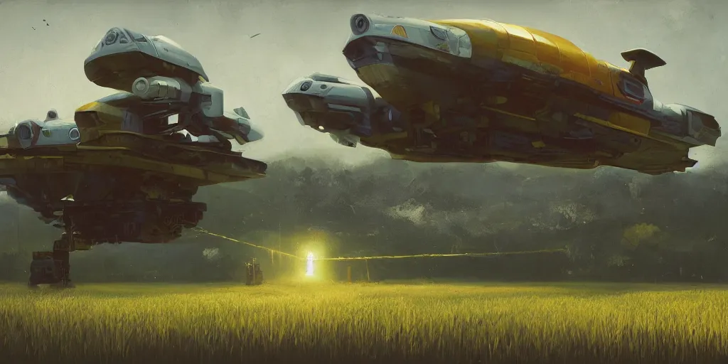 Image similar to a spaceship taking off from a field, by stalenhag, cinematic lighting, detailed oil painting, hyperrealistic, 8k