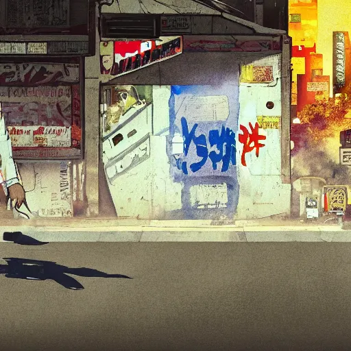 Prompt: incredible wide screenshot, ultrawide, simple watercolor, rough paper texture, ghost in the shell movie scene, back-lit distant shot of phoenix running from a puppet master in tuxedo side view, yellow parasol in deserted dusty shinjuku junk town, broken vending machines, bold graphic graffiti, old pawn shop, bright sun bleached ground, mud, fog, dust, windy, scary robot monster lurks in the background, ghost mask, teeth, animatronic, black smoke, pale beige sky, junk tv, texture, brown mud, dust, tangled overhead wires, telephone pole, dusty, dry, pencil marks, genius party,shinjuku, koji morimoto, katsuya terada, masamune shirow, tatsuyuki tanaka hd, 4k, remaster, dynamic camera angle, deep 3 point perspective, fish eye, dynamic scene