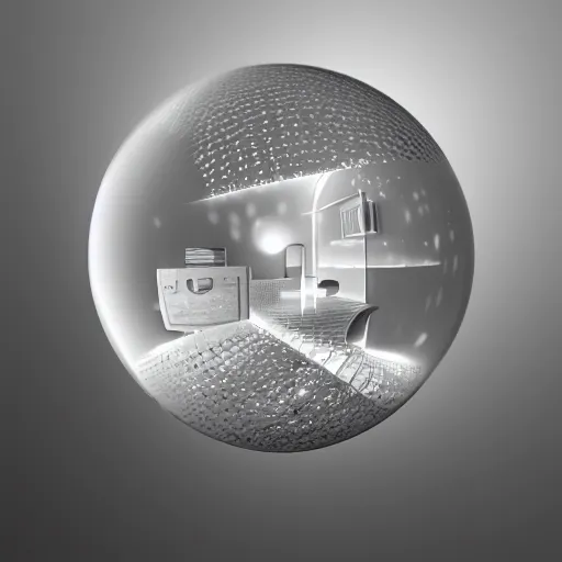 Image similar to crystal sphere with mini modern house with led strip lights inside it, octane render hyperdetailed,