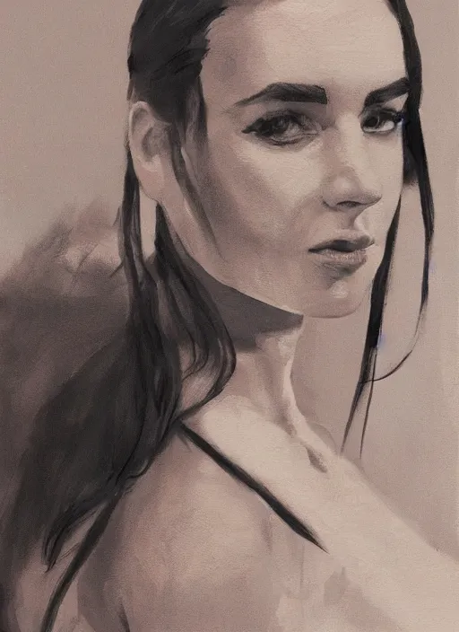 Image similar to detailed artwork by phil noto ; stylized painting of young jennifer connelly from the rocketeer ; brush texture ; asymmetric composition ; paint texture ; trending on artstation ; gallery painting by phil noto, comic style