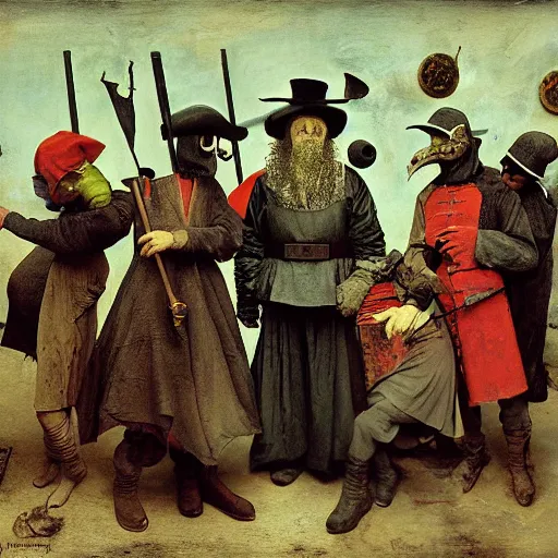 Image similar to color photo of a modern gang of plague doctors in the style of jan saudek, pieter bruegel the elder, joel peter witkin, gustave dore, heironymus bosch