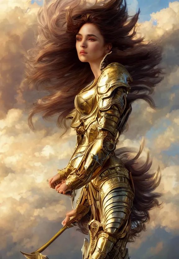 Prompt: A beautiful fierce angel with wings, wearing metal battle armor and a flaming sword, among heavenly sunlit clouds, intricate, elegant, detailed, digital painting, golden hour photography, profile shot, trending on artstation, concept art, smooth, sharp focus, illustration, art by artgerm and Greg Rutkowski and Alphonse Mucha