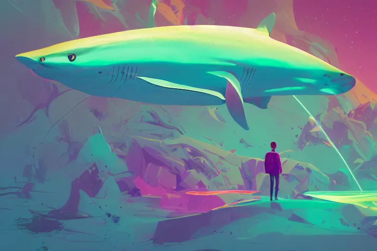 Prompt: a holographic projection of a huge colorful transparent shark appears in the desert at night, a man is stunned, by anton fadeev and beeple, highly - detailed, fantasy