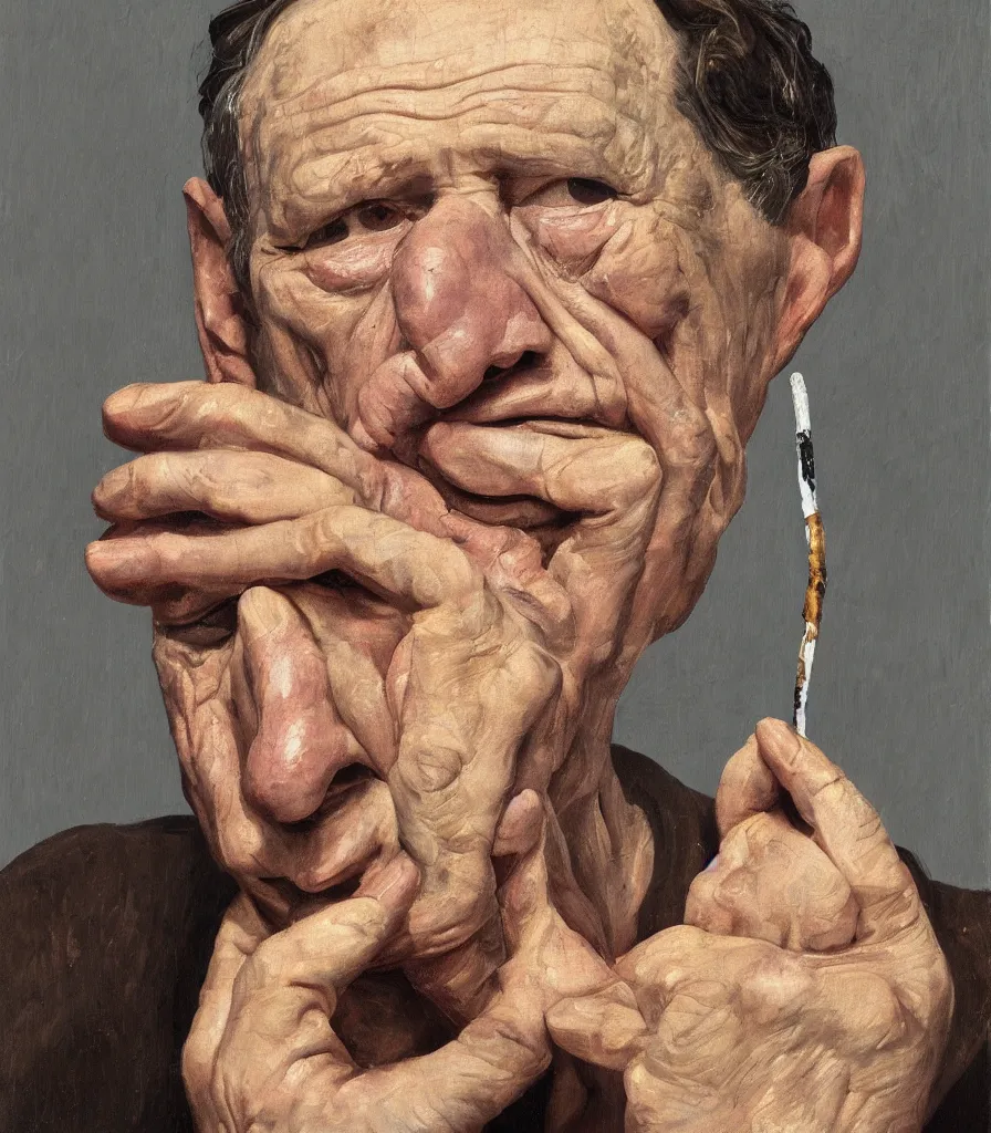 Image similar to portrait in the style of lucian freud. smoking a cigarette, mouth slightly open. face has many wrinkles, cuts and character. he is looking down. oil painting, thick brush strokes. hard, strong shadows. high contrast. clean gray brown background. lit by a single hard light from above their heads. perspective from below. 3 0 mm. hyperrealistic.