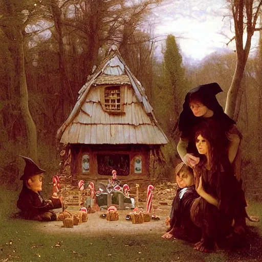 Prompt: an eerie, realistic illustration of a full-sized witch\'s gingerbread house covered in candy in the middle of dark and twisted woods, being visited by a poor waif brother and sister eating the candy, by Bouguereau, John William Waterhouse and Thomas Kincade