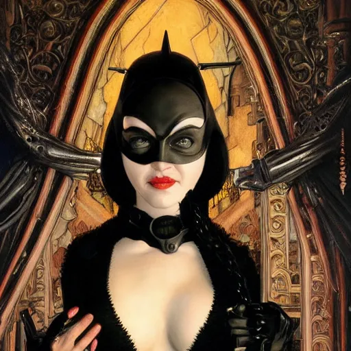 Image similar to Epic Masterpiece head and shoulders portrait of Madonna as catwoman in Batman Returns by Tim Burton drawn by Donato Giancola and Tom Bagshaw, Edmund Leighton, Alphonse Mucha, 4k, volumetric lighting, komorebi, trending on artstation, octane render, hyperrealistic