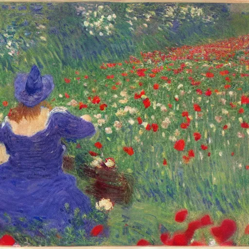 Image similar to Monet painting of Spiderman in a field of roses and tulips, back turned