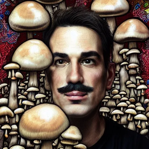 Prompt: a realistic portrait of super mario surrounded by mushrooms by android jones