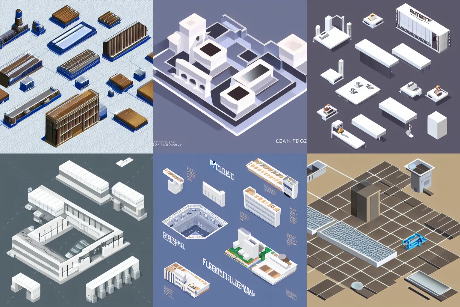 Prompt: isometric concept art of futuristic factory, clean, browns and whites, mirror\'s edge