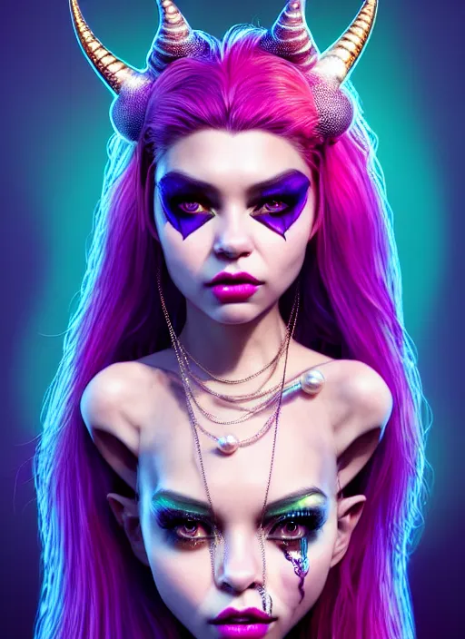 Prompt: disney weta portrait, beautiful gloss porcelain white edm raver clowncore pearl chain horned angel madison beer cyborg woman, bling, sci - fi, fantasy, cyberpunk, intricate, decadent, highly detailed, digital painting, ever after high, octane render, artstation, concept art, smooth, sharp focus, illustration, art by artgerm, loish, wlop