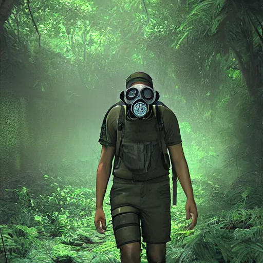 Image similar to a heavily equipped man wearing a gasmask, walking through a lush jungle, realistic octane render, ray traced, god rays, extremely high detail