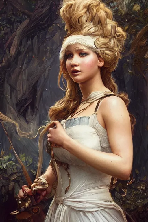 Prompt: portrait of jennifer lawrence as a tavern wench, half body, d & d, fantasy, intricate, elegant, highly detailed, digital painting, artstation, concept art, art by artgerm and greg rutkowski and alphonse mucha