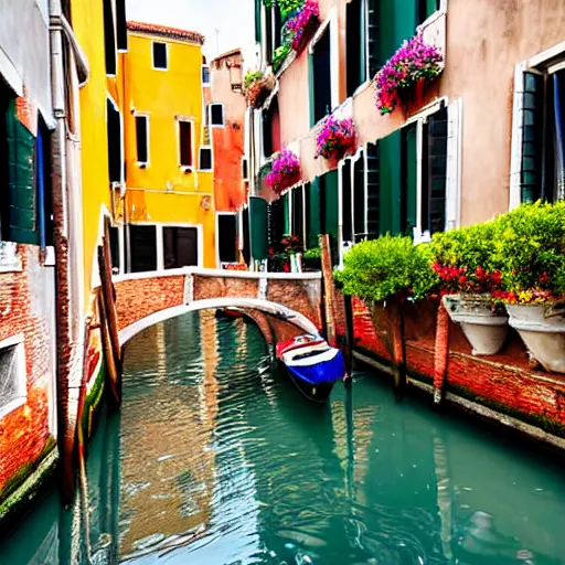 Prompt: Within a pathway in the Venice Italy Canals, beautiful raking sunlight, apartments with colorful balconies, flowers, laundry hanging, bridges, gondolas, oil painting style,