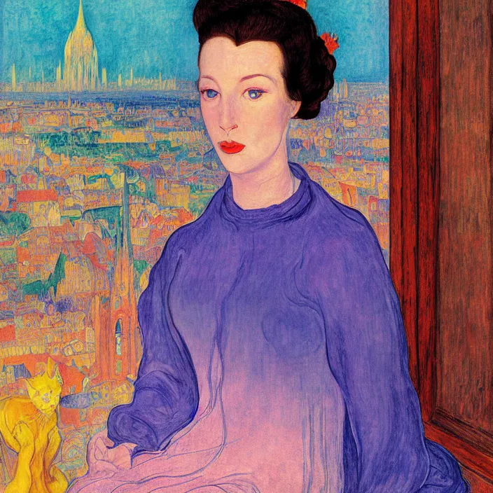 Image similar to close portrait of woman in transparent vaporous night gown with cat and aloe vera, with city with gothic cathedral seen from a window frame with curtains. sun through the clouds, vivid iridescent psichedelic colors. agnes pelton, egon schiele, munch, henri de toulouse - lautrec, utamaro, monet