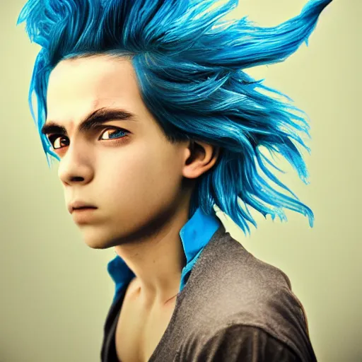 Prompt: portrait of young boy half dragon half human, dragon boy, dragon skin, dragon eyes, dragon crown, blue hair, long hair, highly detailed, cinematic lighting, by Tim Burton