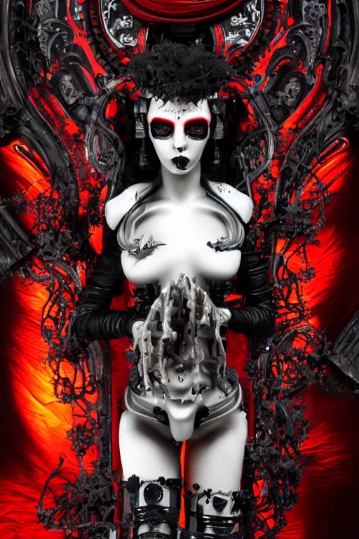 Image similar to full-body cyberpunk style sculpture of a young beautiful dark priestess, half android with a head opening exposing circuitry, glowing red eyes, black roses, flowing blood red colored silk fabric. baroque elements, candles, human skull, crows flying in background. full-length view. baroque element. intricate artwork by Caravaggio. Trending on artstation, cinematic lighting from the right, hyper-realism, octane render, 8k, depth of field, 3D, conceptual art