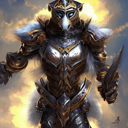 Prompt: male lemur in dragon knight armor, sun in the background, intricate, elegant, fantasy, highly detailed, digital painting, artstation, concept art, smooth, sharp focus, illustration, art by artgerm