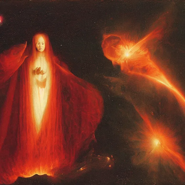 Image similar to a closeup portrait of a cloaked woman floating next to a goblin nebula, goblin nebula, by jan van eyck