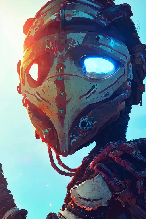 Image similar to combination suit armor aloy horizon forbidden west horizon zero dawn radiating a glowing aura global illumination ray tracing hdr fanart arstation by ian pesty and alena aenami artworks in 4 k tribal robot ninja mask helmet backpack