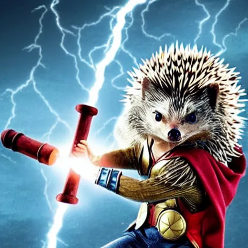 Image similar to the hedgehog thor ~ holding his hammer ~ dramatic thunder background ~ fighting scene ~