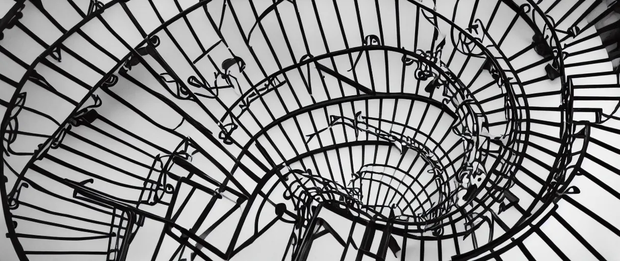 Prompt: an endless spiral staircase, black and white, by Keith Harring