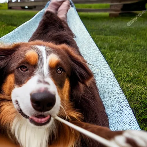 Image similar to brown border collie relaxing in a hammock, drinking hot chocolate