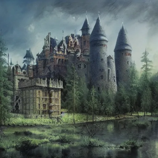 Prompt: a haunting castle in the style of zdzlaw bekinski, james gurney and ivan shishkin (oil on canvas), matte painting.