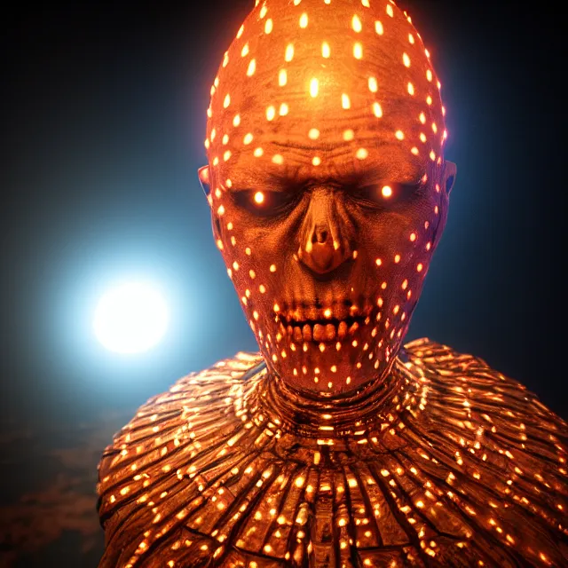 Image similar to pinhead, 8 k ultra realistic, lens flare, atmosphere, glow, detailed, intricate, full of colour, led lighting, 4 k, hyperrealistic, focused, extreme details, unreal engine 5, masterpiece