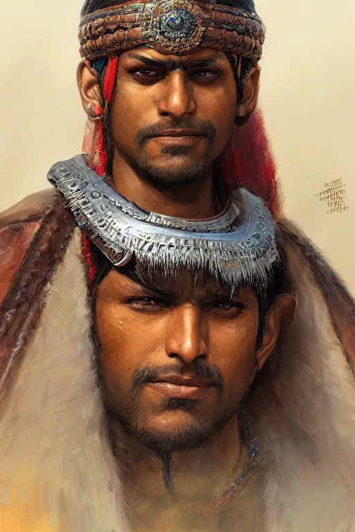 Image similar to Indian warrior, closeup character portrait art by Donato Giancola, Craig Mullins, digital art, trending on artstation