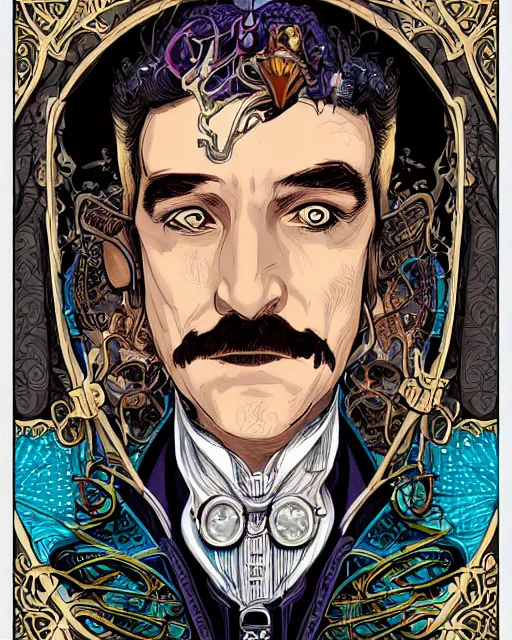 Prompt: a detailed portrait illustration of a steampunk wizard. art nouveau, pop art, comic book style. influenced by neil gaiman, h. p. lovecraft, ross tran, osborne macharia, killian eng.