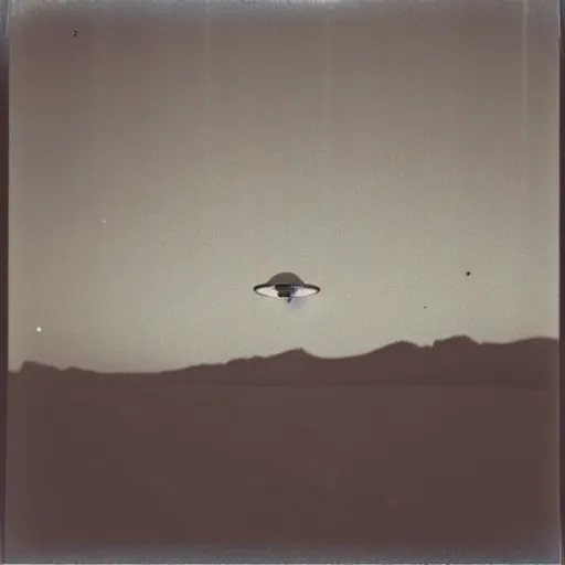 Prompt: a flying saucer over a the desert at night, distant!!, historical photo, old polaroid, expired film,