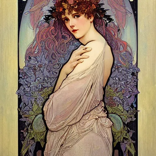 Image similar to romantic painted portrait of halo by james jean, mucha