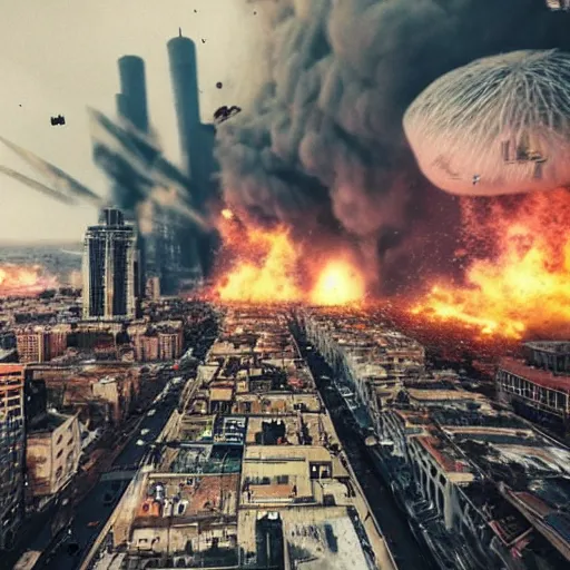 Image similar to a dramatic photo of a city under attack by aliens. building are exploding and people are running