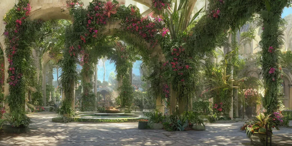 Image similar to cathedral interior with koi pond in the middle surrounded by palm trees, ivy, flowers, tropical plants, roses, and with archways. rendered in octane render with photorealistic lighting, fantasy concept art by tyler edlin, antoine blanchard, thomas cole