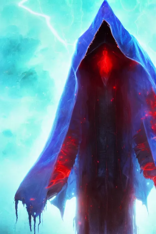 Prompt: A full body portrait of a mysterious dark sorcerer, with a long beard, a very long red and blue hooded cloak with blue fire coming off it, lightning in the sky art by Maciej Kuciara and Jason Chan, ominous, cosmic horror, trending on artstation, Ultra detailed, hyper realistic 4k