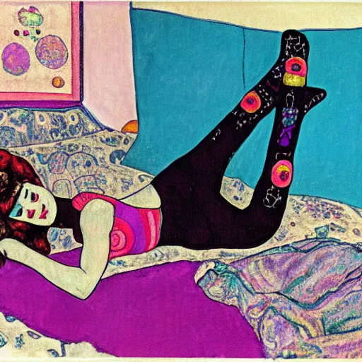 Image similar to rocker goth teen girl with black lace boots laying on her stomach on the floor, writing on a journal. 1970s colorful psychedelic bedroom. Trippy colors. Stylized. Egon schiele. Moscoso