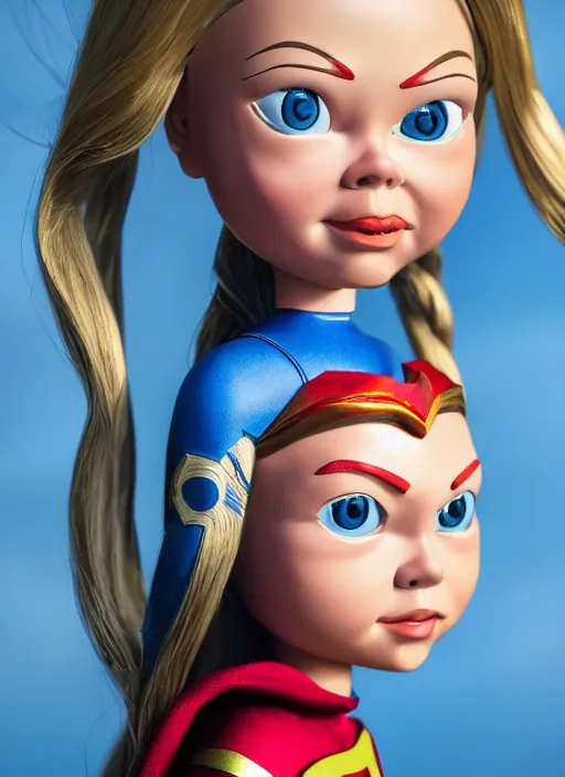 Image similar to closeup face profile portrait of a tin toy greta thunberg as supergirl as a fairytale princess wearing a crown, bikini, depth of field, zeiss lens, detailed, fashion photoshoot, by nicoletta ceccoli, mark ryden, lostfish, breathtaking, 8 k resolution, extremely detailed, beautiful, establishing shot, artistic, hyperrealistic, octane render