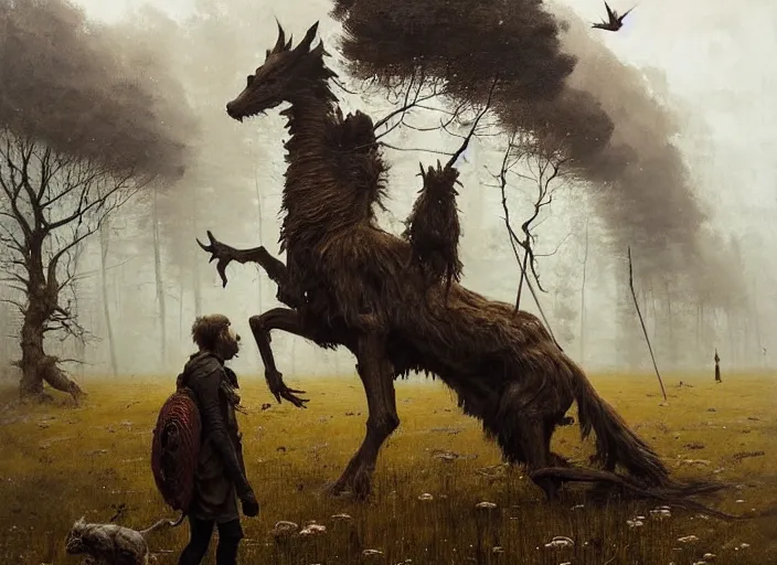 Image similar to annihilation art by jakub rozalski, surreal mythological painting by malczewski, legendary creature and animals heards,