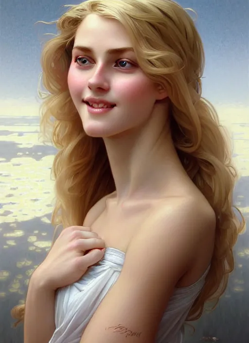 Image similar to beautiful feminine face!! portrait of young wife blessed by god with ever - increasing physical mental perfection, blonde, symmetrical!! intricate, sensual features, highly detailed, divine holy perfection!! smile, digital painting, artstation, concept art, smooth, sharp focus, illustration, art by artgerm and greg rutkowski and alphonse mucha